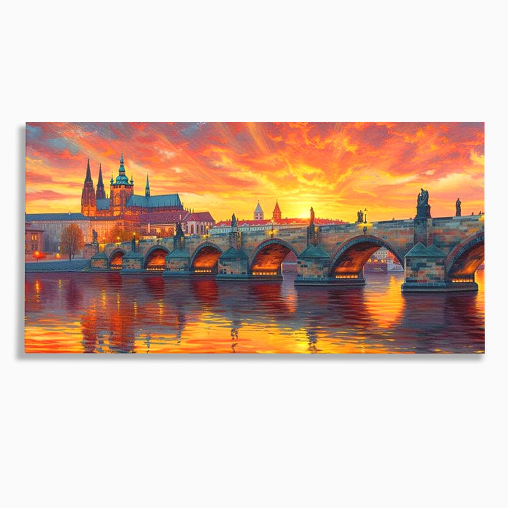 Tablou canvas cu tablou canvas cu apus de asfintit peste praga, fara rama, pe sasiu de lemn